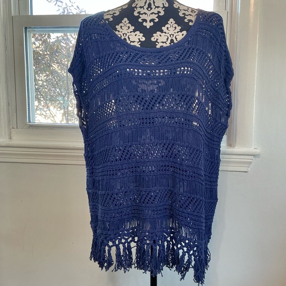 C. Wonder Boho Blue Crochet Open Knit Fringed Hem Tunic Top Size 1X EUC - Picture 2 of 12